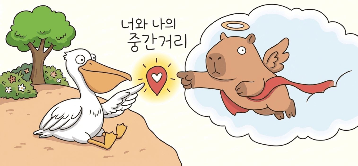 너와 나의 중간거리 — 펠리컨과 카피바라가 중간에서 만나는 일러스트
